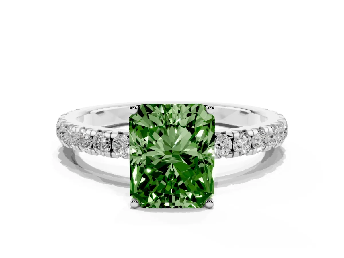 Fancy Green Radiant Cut Diamond Pavé Solitaire Engagement Ring with Four-Prong Setting Silver