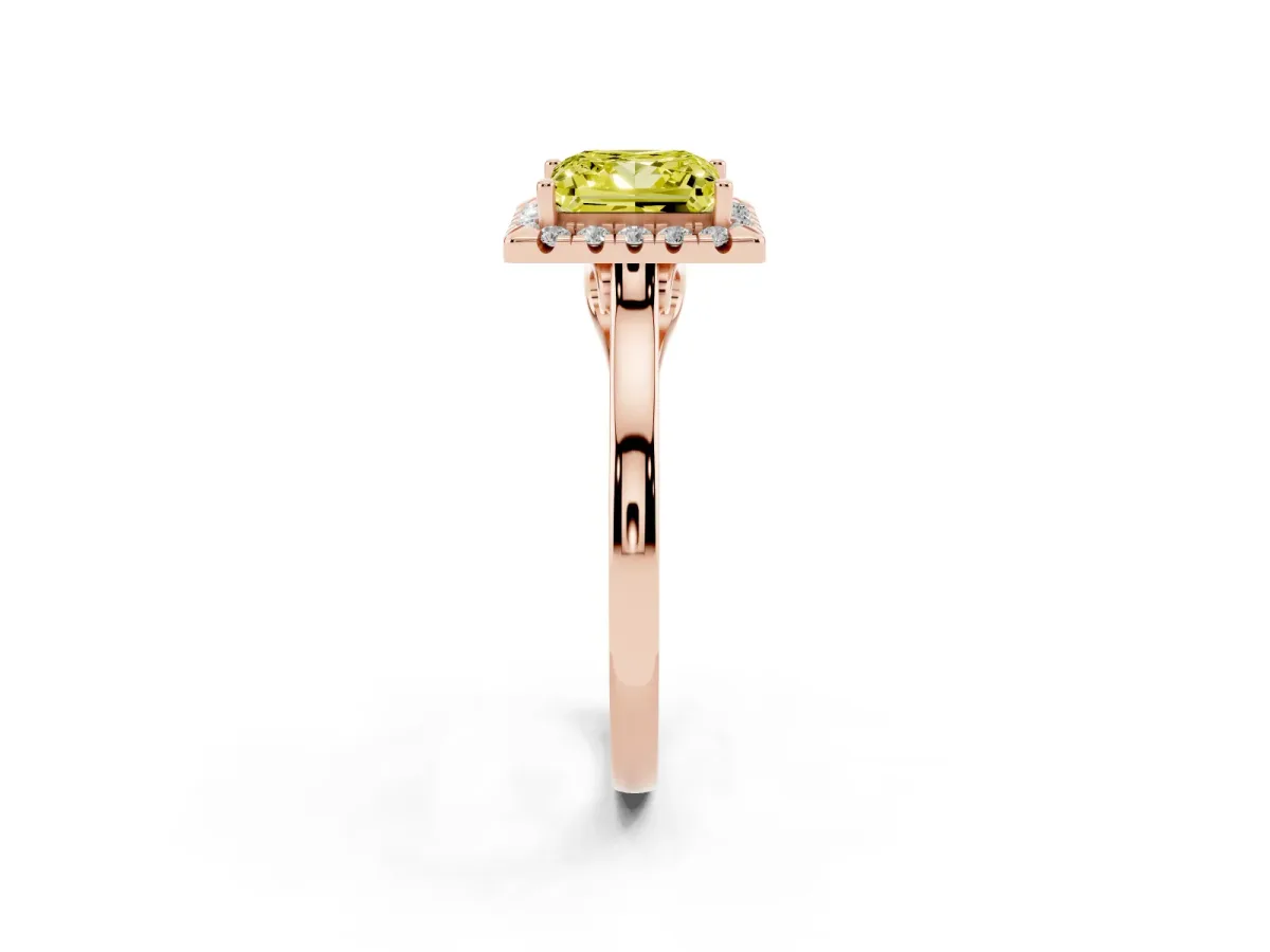Fancy Yellow Princess Cut Halo Round Diamond Solitaire Ring with Pavé Band and Four-Prong Setting Rose gold