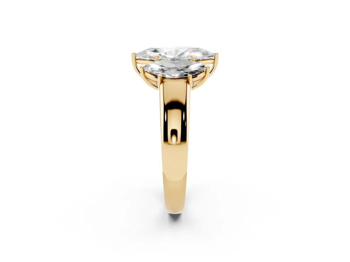 Three-Stone Marquise Cut Cut Diamond Ring with Prong Setting and Classic Band Yellow gold