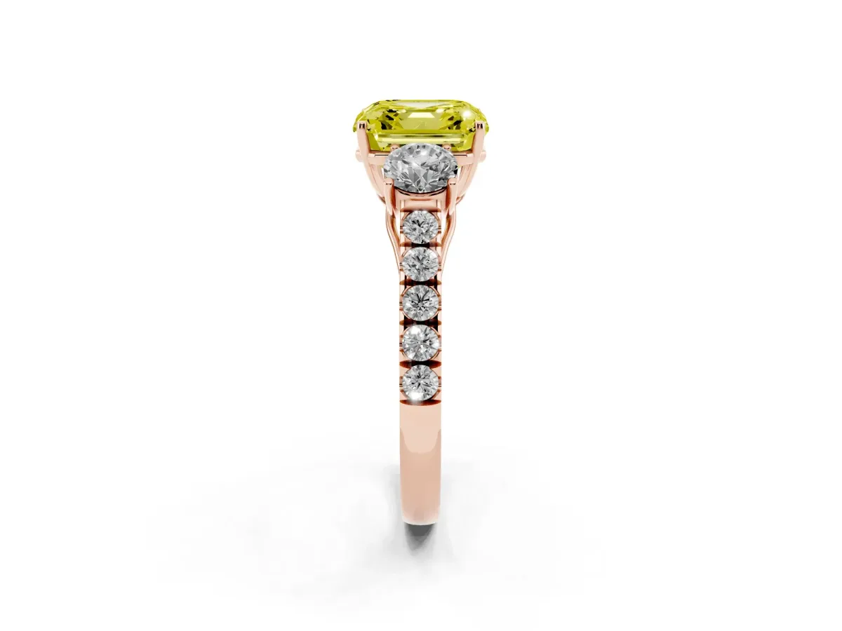 Fancy Yellow Asscher Cut Cut Diamond Three-Stone Ring with Round Side Stones and Pavé Band Rose gold