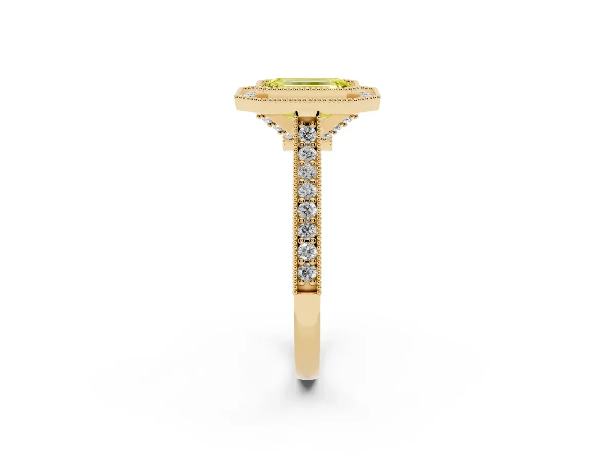 Fancy Yellow Halo Emerald Cut-Cut Diamond Pave Band Milgrain Prong Setting Ring Yellow gold