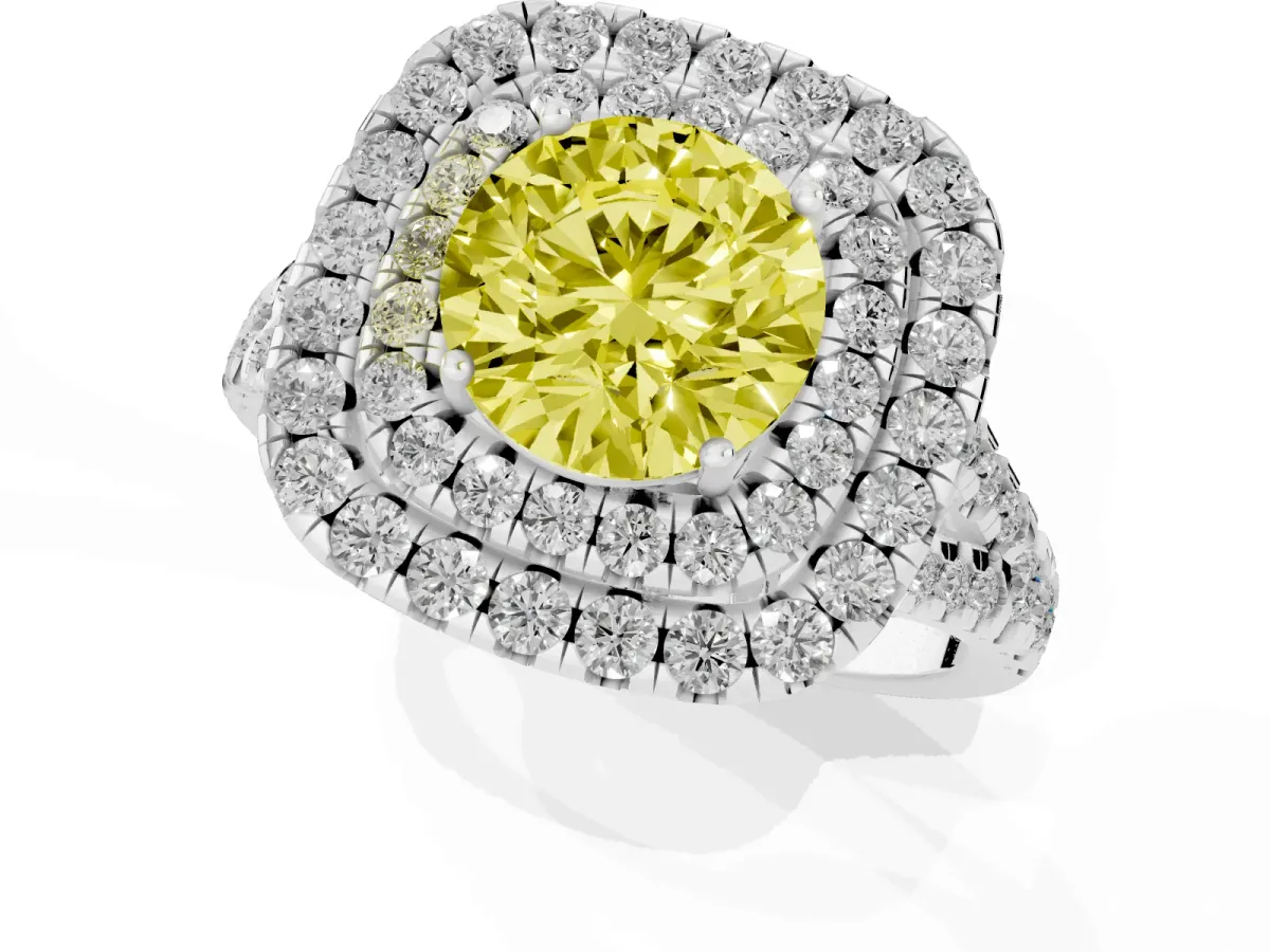 Fancy Yellow Double Halo Round Cut Diamond Pavé Split Shank Ring with Prong Setting Platinum