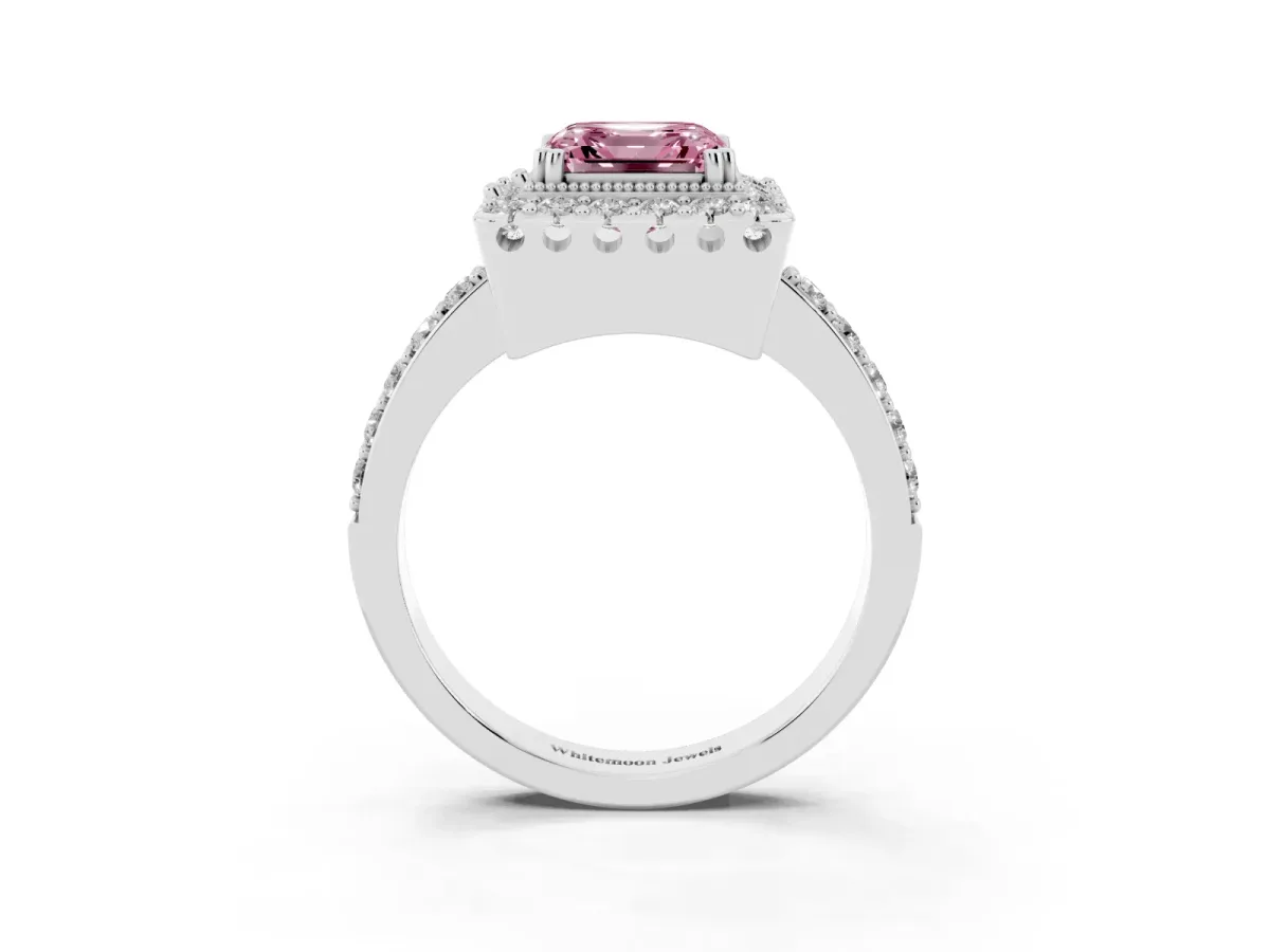 Fancy Pink Asscher Cut Diamond Halo Ring with Pavé Band and Prong Setting Silver