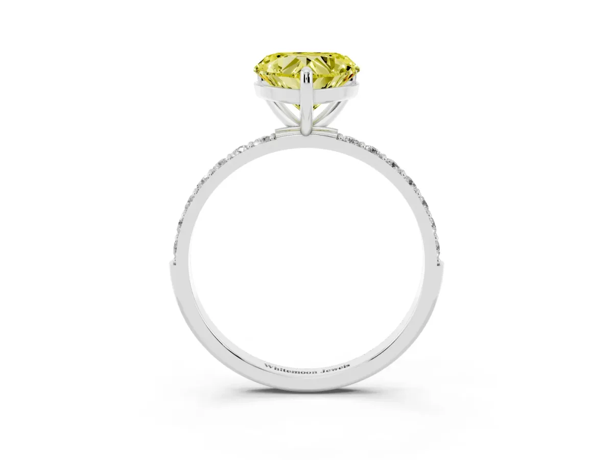 Fancy Yellow Heart Cut Diamond Solitaire Ring with Round Pavé Band and Prong Setting Silver