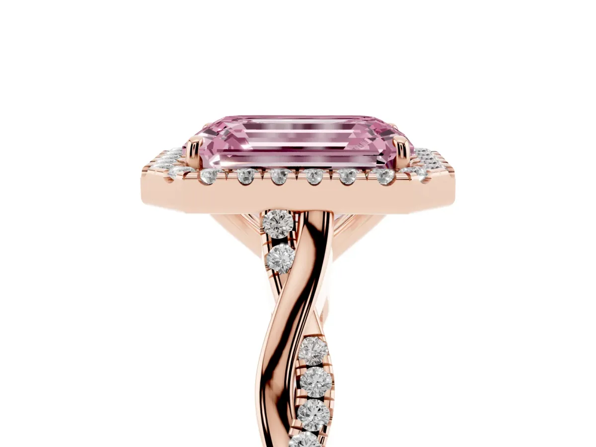 Fancy Pink Emerald Cut Halo Twist Band Solitaire Ring Rose gold
