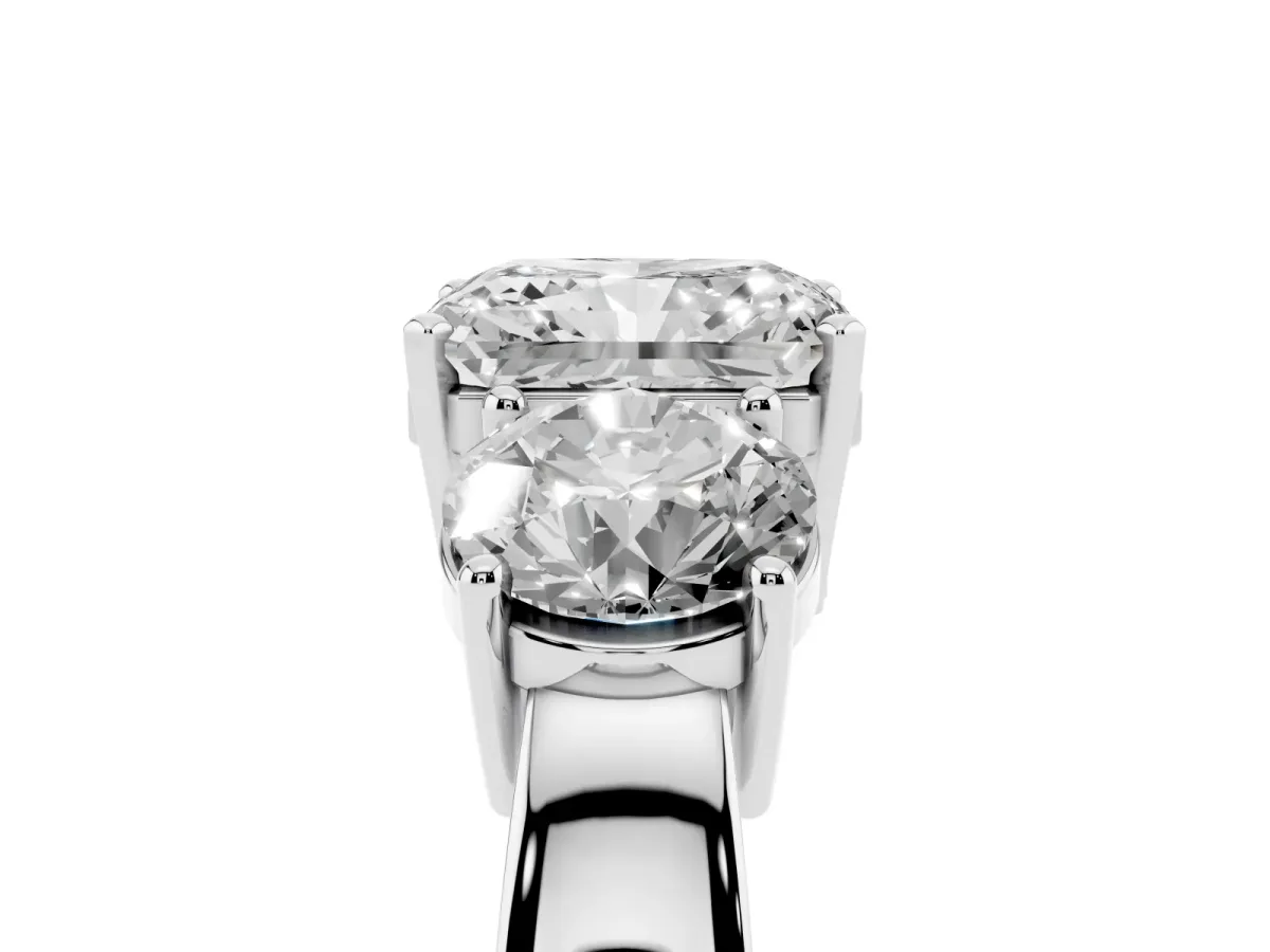 Three-Stone Radiant Cut Diamond Ring with Round Side Stones, Classic Band, and Four-Prong Setting White gold
