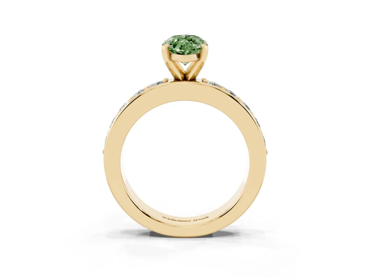 Fancy Green Marquise Cut Diamond Engagement Ring with Channel Set Round Band and Prong Setting Yellow gold