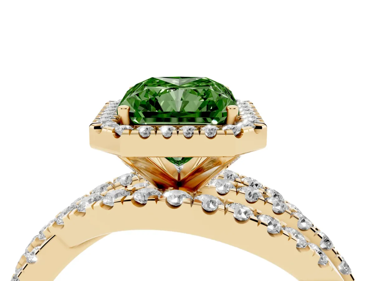 Fancy Green Radiant Cut Diamond Halo Ring with Round Split Shank and Prong Setting Yellow gold