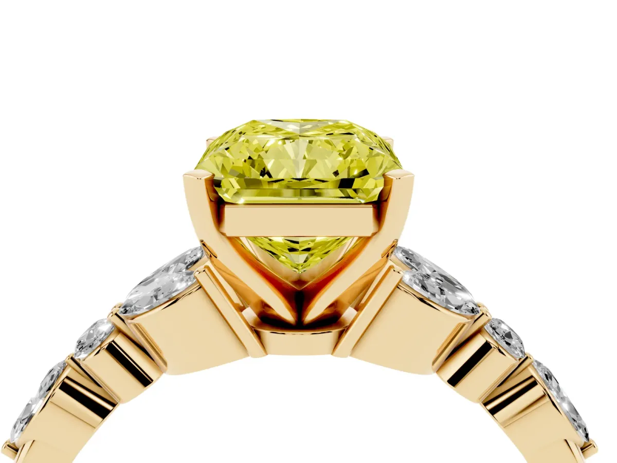 Fancy Yellow Radiant Cut Diamond Solitaire Ring with Side Stones and Four-Prong Setting Yellow gold