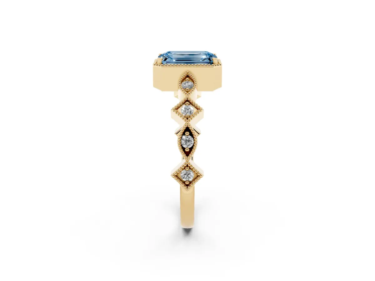 Fancy Blue Emerald Cut Milgrain Marquise Diamond Twist Band Ring Yellow gold
