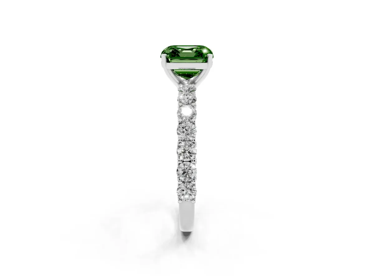 Fancy Green Asscher Cut Diamond Solitaire Ring with Shared Prong Pavé Band and Four-Prong Setting Silver