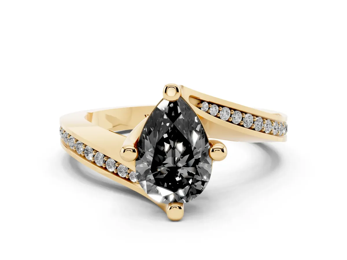 Fancy Black Pear Cut Solitaire Diamond Twist Band with Pavé Setting and Four-Prong Setting Yellow gold