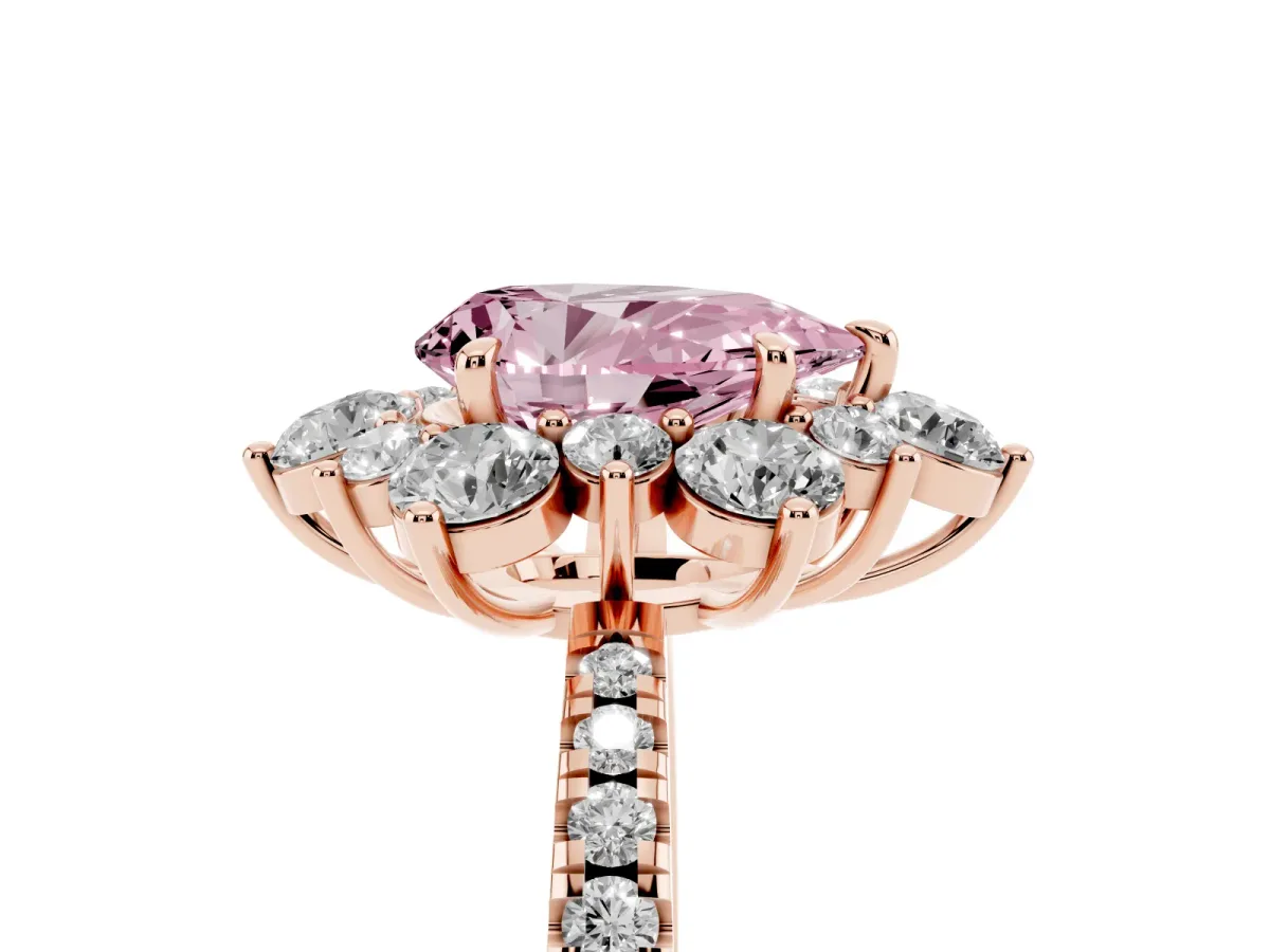 Fancy Pink Pear Cut Diamond Floral Halo Ring with Round Pavé Band and Prong Setting Rose gold