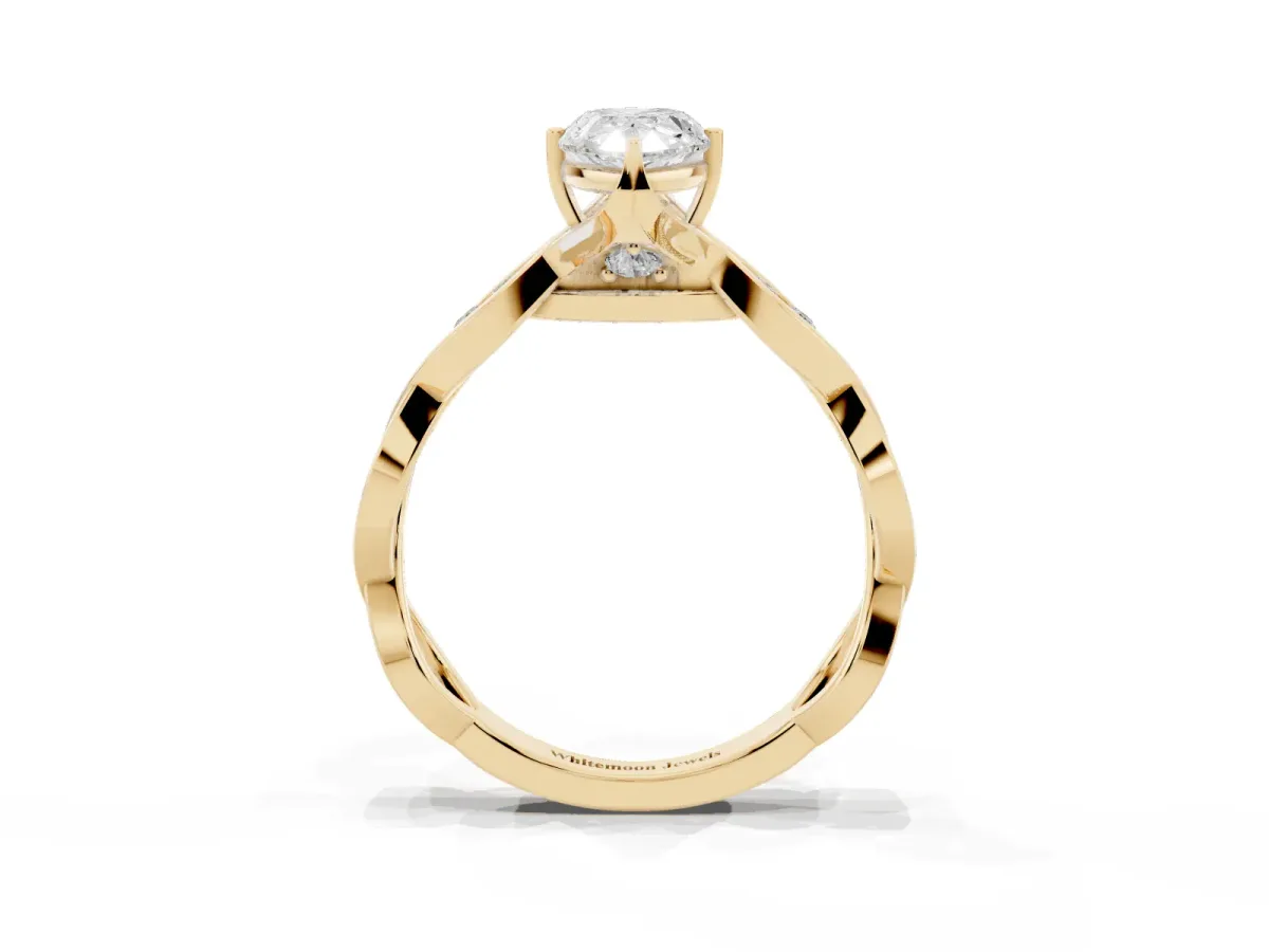 Pear Cut Solitaire Twist Band with Leaf Prong Setting Yellow gold