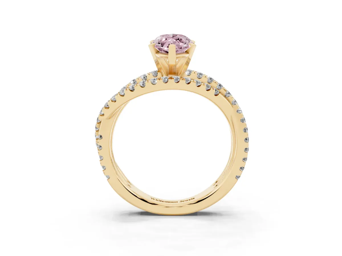 Fancy Pink Marquise Cut Solitaire Twist Band with Pavé Setting and Four-Prong Setting Yellow gold