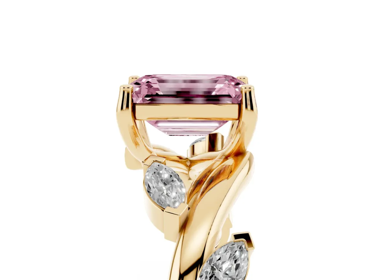 Fancy Pink Emerald Cut Solitaire Twisted Band Marquise Accent Prong Setting Ring Yellow gold
