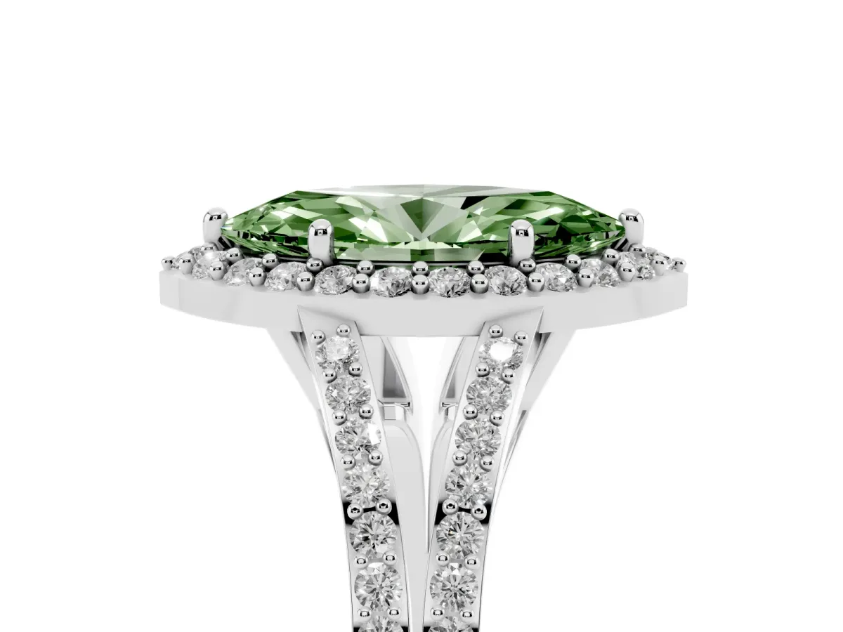 Fancy Green Marquise Cut Halo Split Shank Diamond Ring with Prong Setting Silver