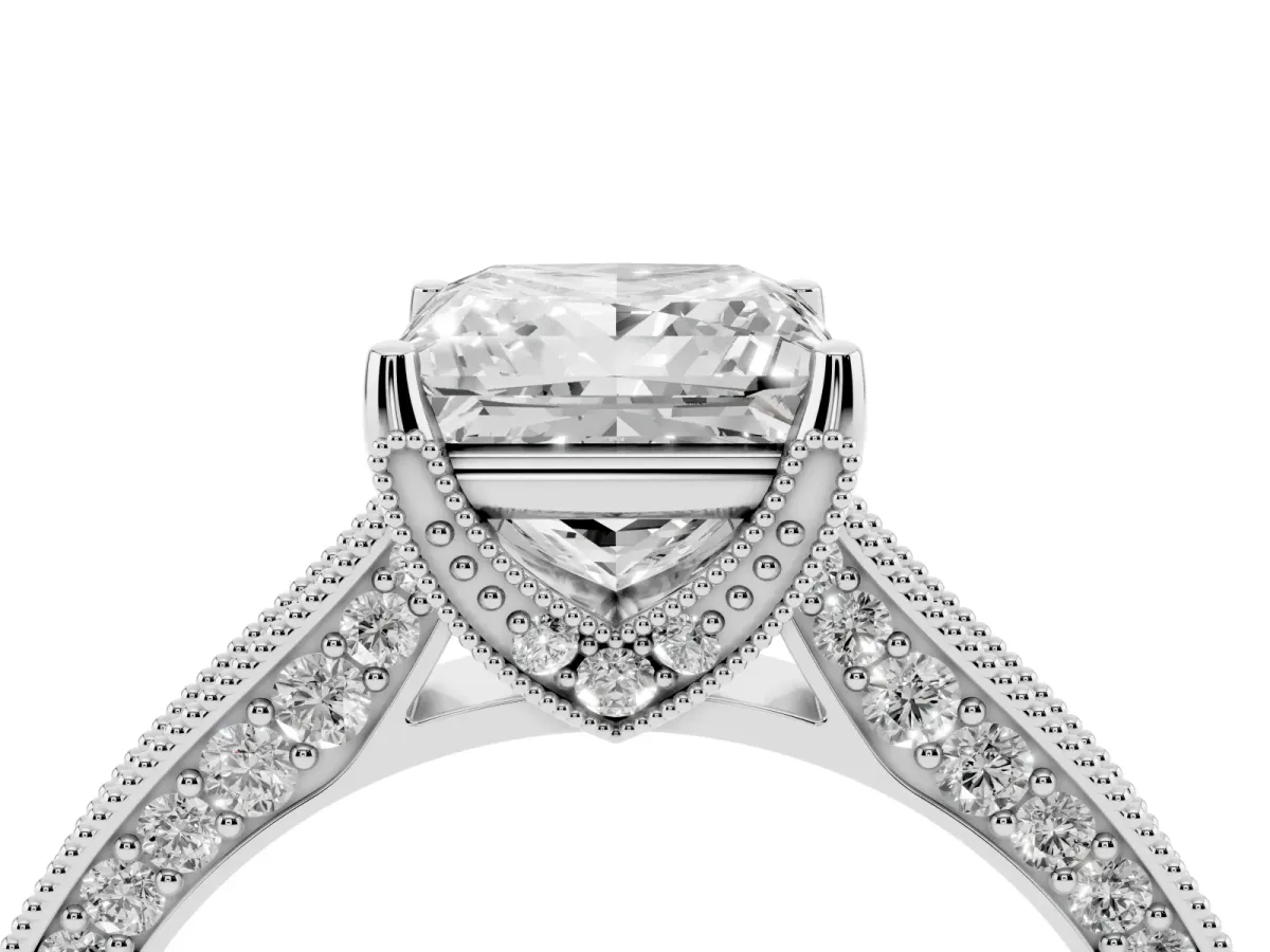 Princess Cut Cut Diamond Solitaire Ring with Milgrain Pave Band and Four Prong Setting Silver