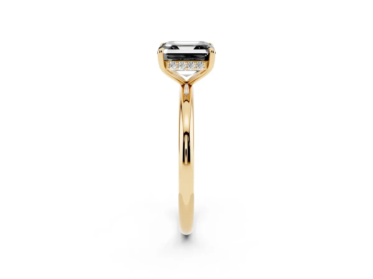 Fancy Black Asscher Cut Diamond Solitaire Ring with Thin Band and Four-Prong Setting Yellow gold