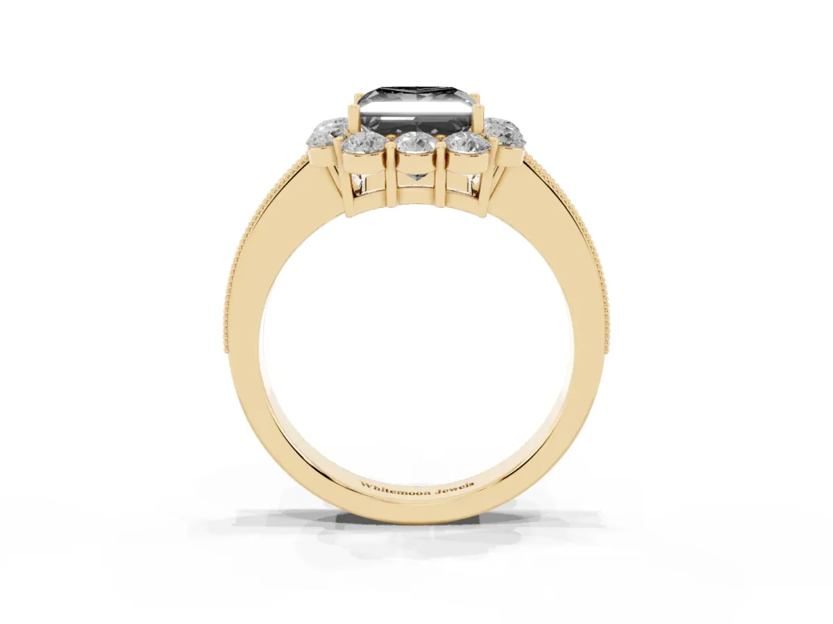 Fancy Black Princess Cut Cut Halo Diamond Pavé Engagement Ring with Milgrain Detailing Yellow gold