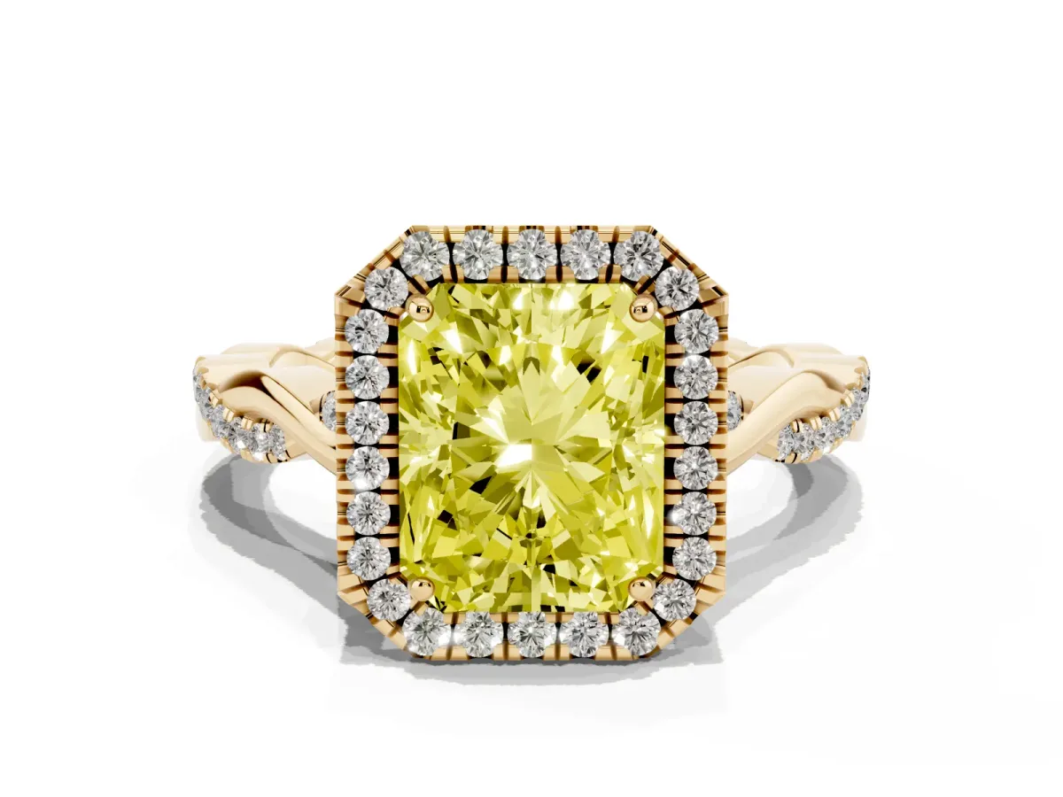 Fancy Yellow Radiant Cut Halo Twist Band Solitaire Ring Yellow gold