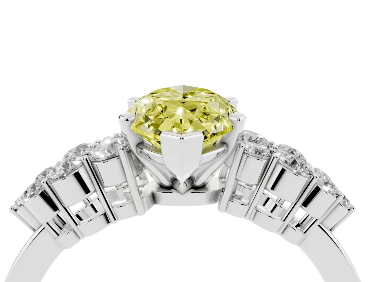 Fancy Yellow Marquise Cut Cluster Diamond Engagement Ring with Pavé Band and Four-Prong Setting Silver