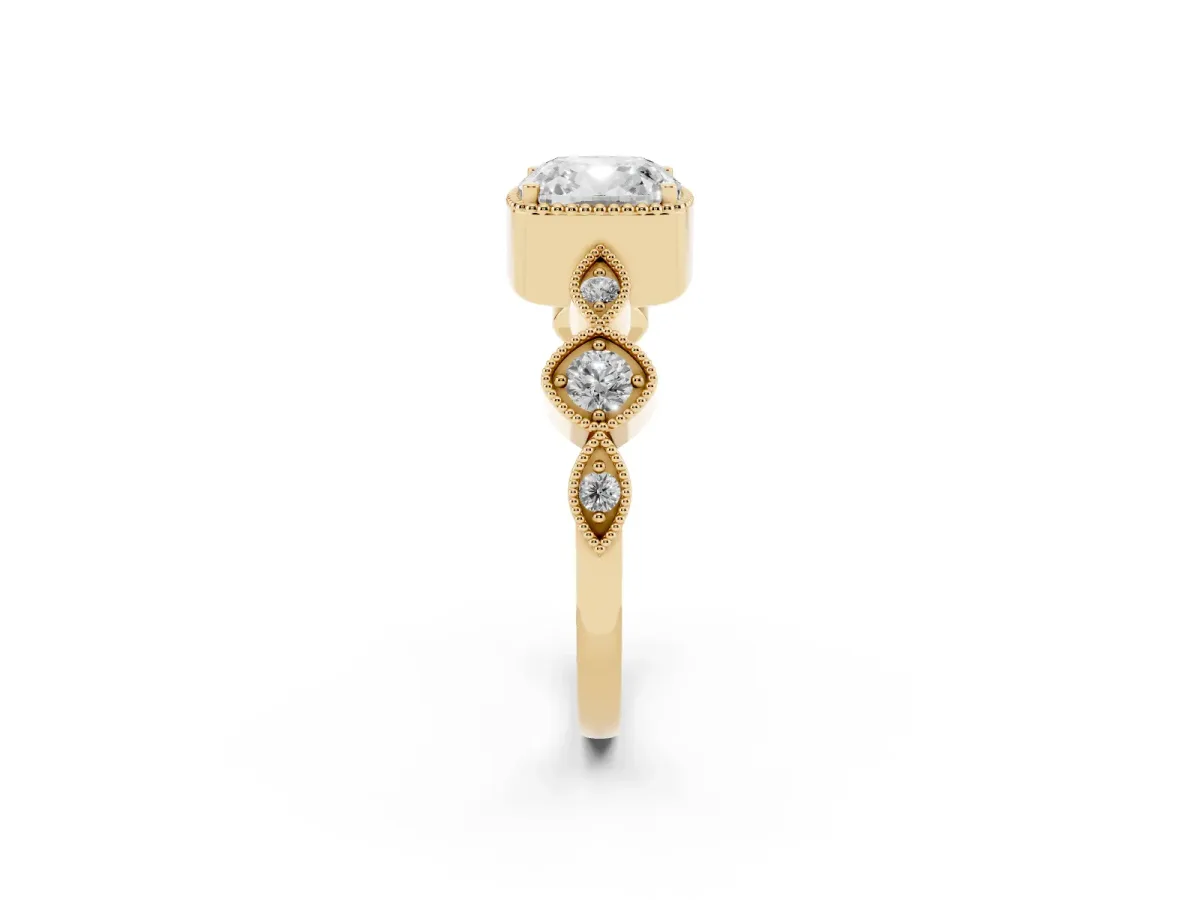 Cushion Cut Diamond Vintage Milgrain Ring with Round Stations Yellow gold