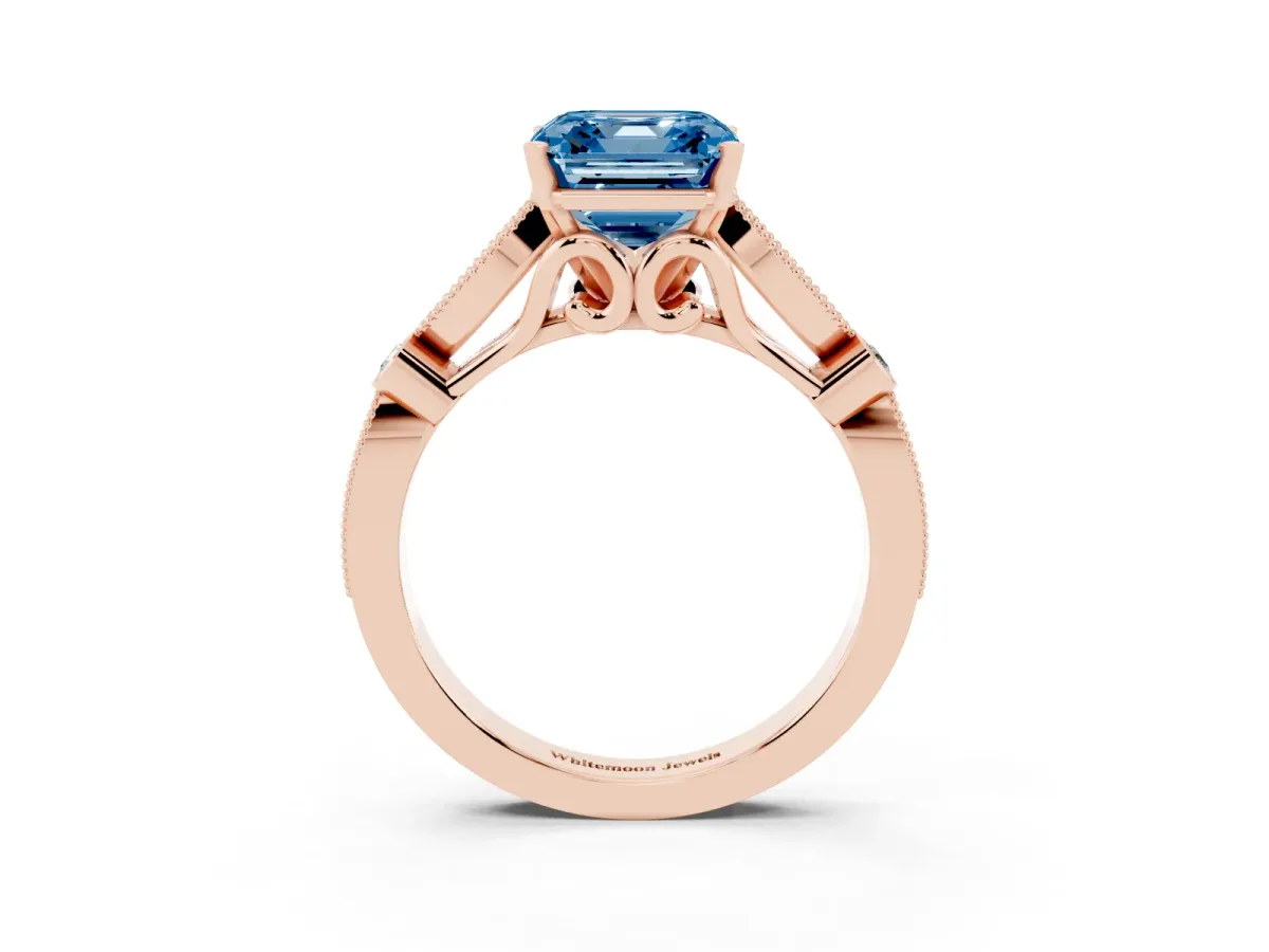 Fancy Blue Asscher Cut Cut Diamond with Milgrain Marquise and Bezel Accents on a Solitaire Band with Prong Setting Rose gold