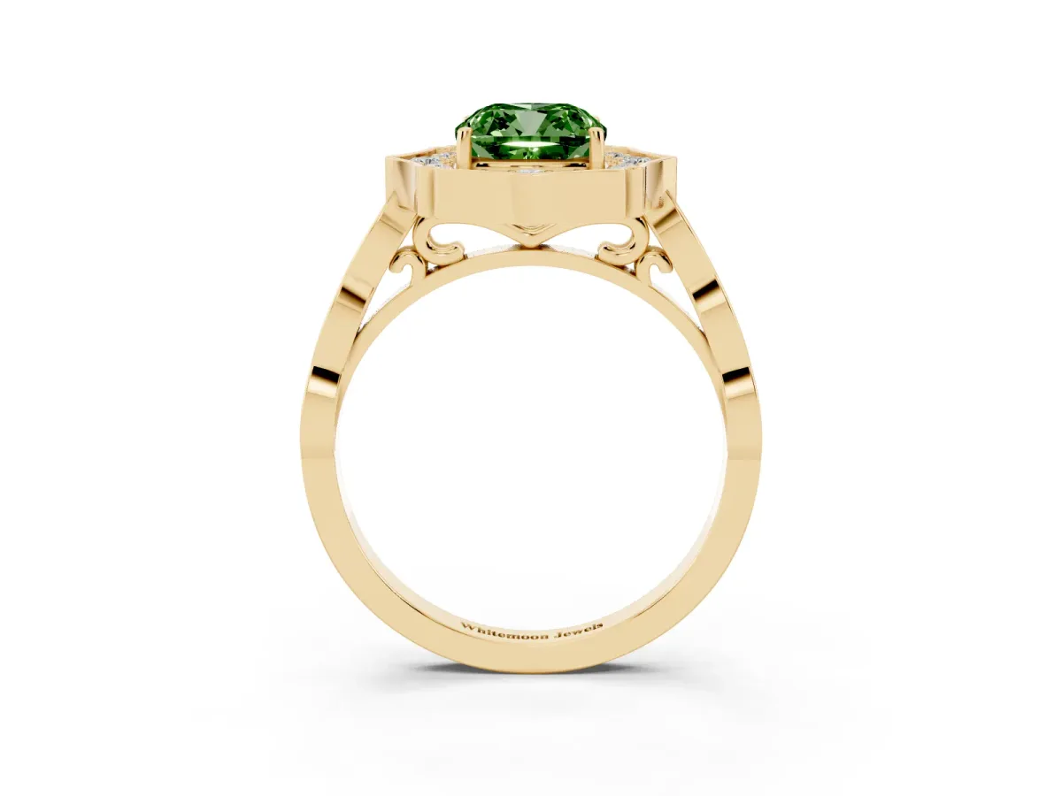 Fancy Green Cushion Cut Halo Diamond Engagement Ring with Milgrain Band and Four-Prong Setting Yellow gold