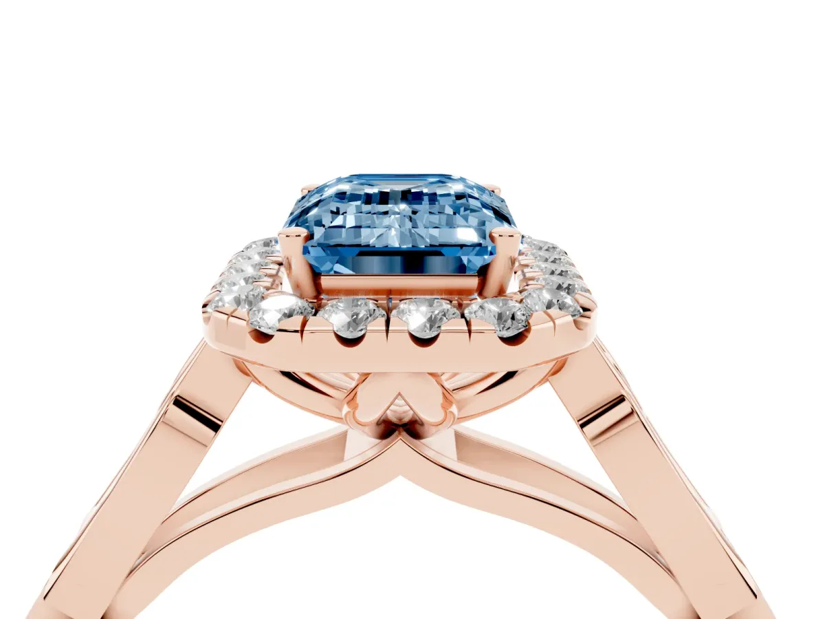 Fancy Blue Emerald Cut Halo Diamond Engagement Ring with Filigree Band and Four-Prong Setting Rose gold