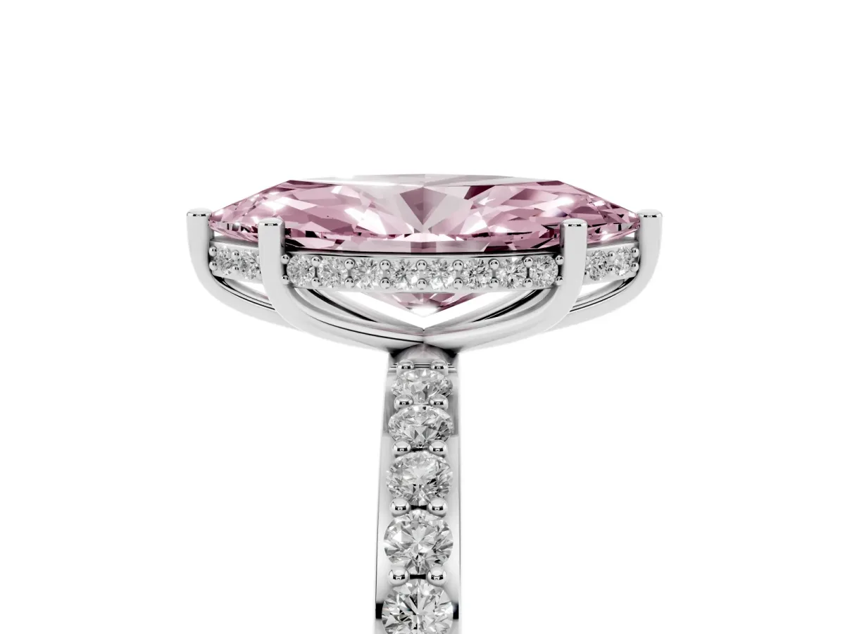 Fancy Pink Marquise Cut Diamond Solitaire Ring with Pavé Band and Hidden Halo Platinum