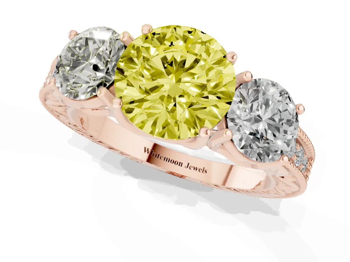 Fancy Yellow Three-Stone Round Cut Cut Milgrain Pavé Engagement Ring Rose gold