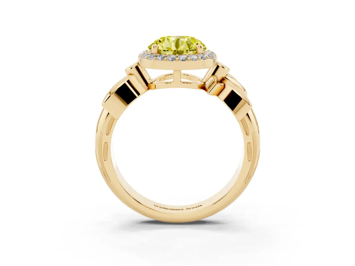 Fancy Yellow Round Cut Halo Diamond Floral Band with Four-Prong Setting Yellow gold