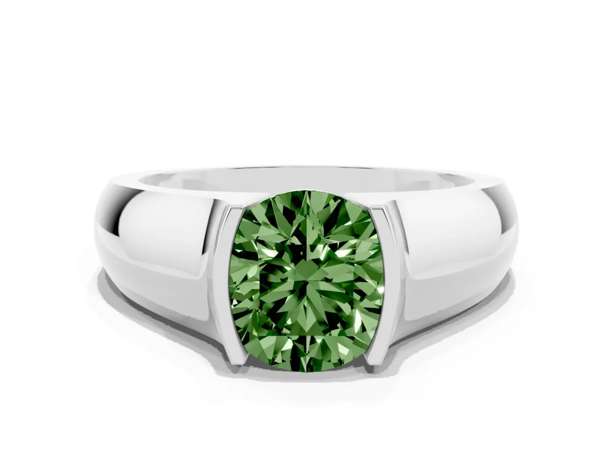 Fancy Green Round Cut Solitaire Bezel Set Diamond Ring with Wide Band Silver