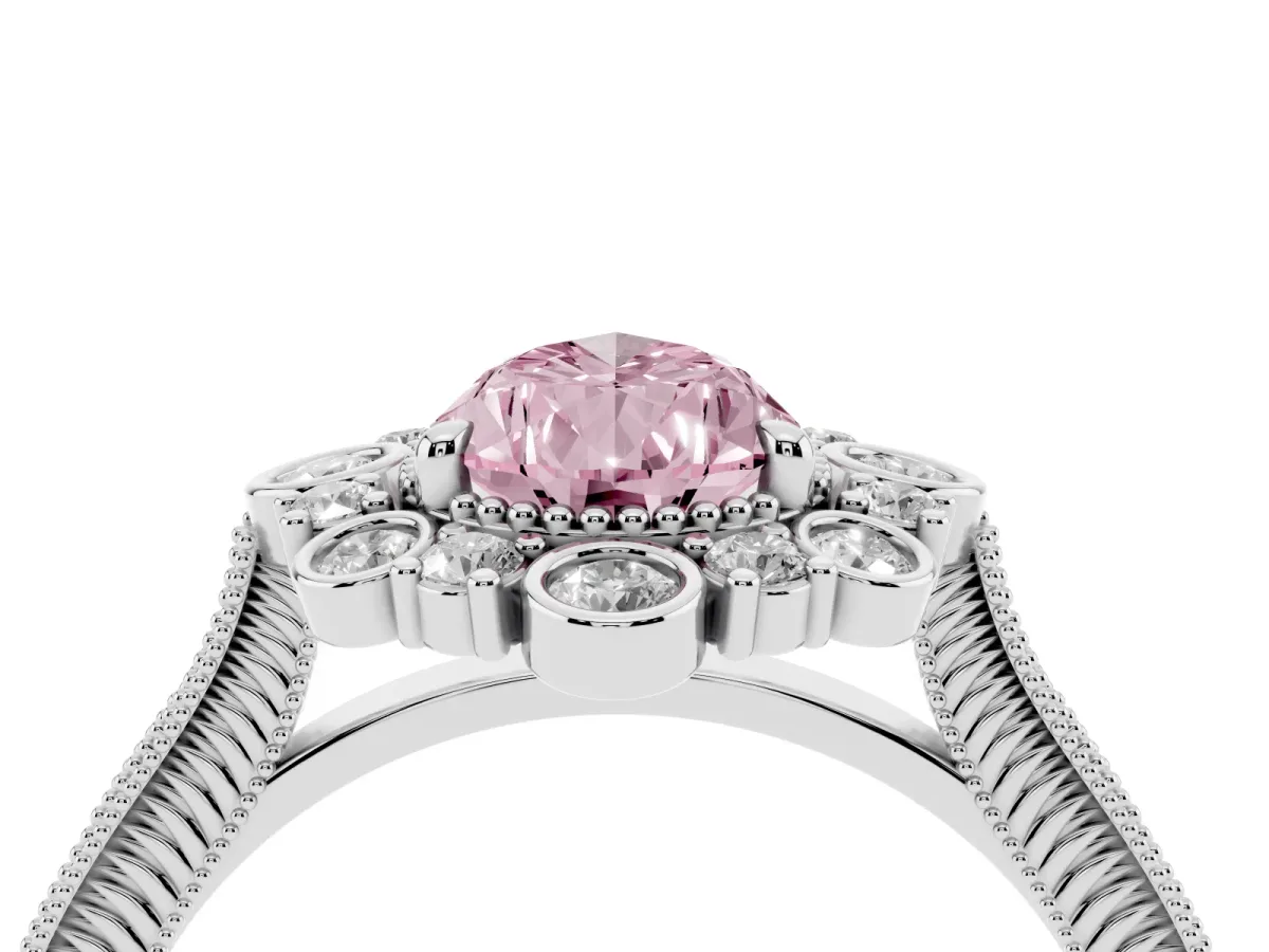 Fancy Pink Pear Cut Halo Milgrain Pave Diamond Ring with Four-Prong Setting Silver