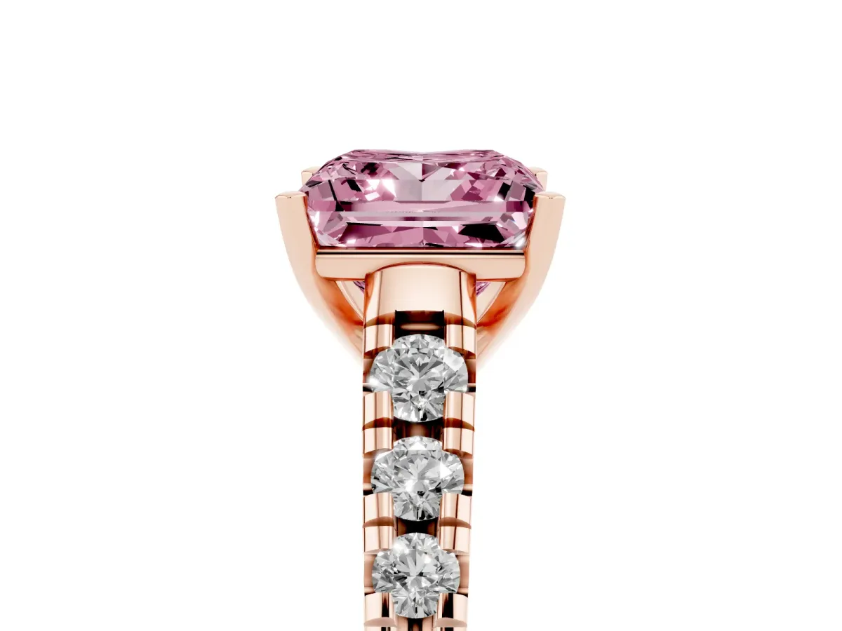Fancy Pink Princess Cut Diamond Cathedral Solitaire Ring with Round Pavé Band Rose gold