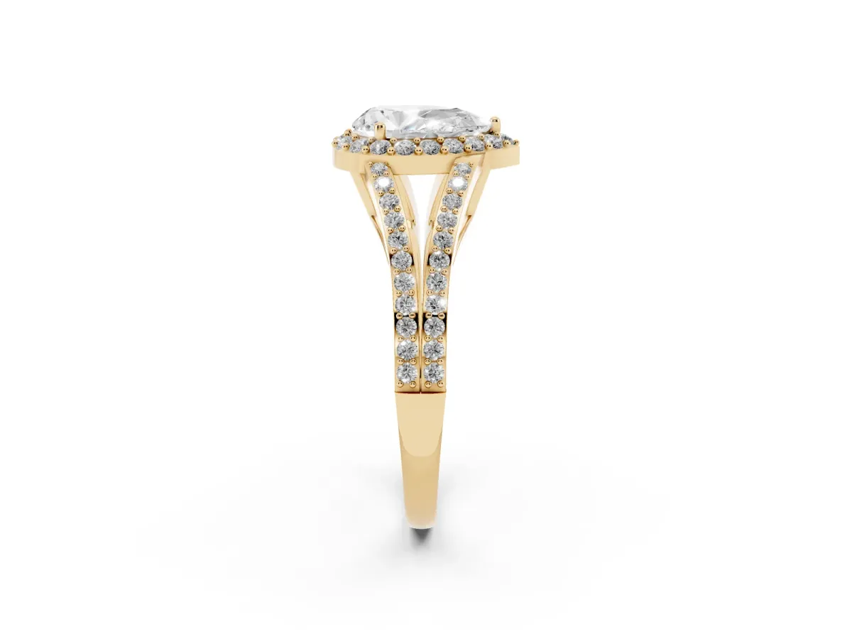 Pear Cut Halo Split Shank Diamond Ring with Prong Setting Yellow gold