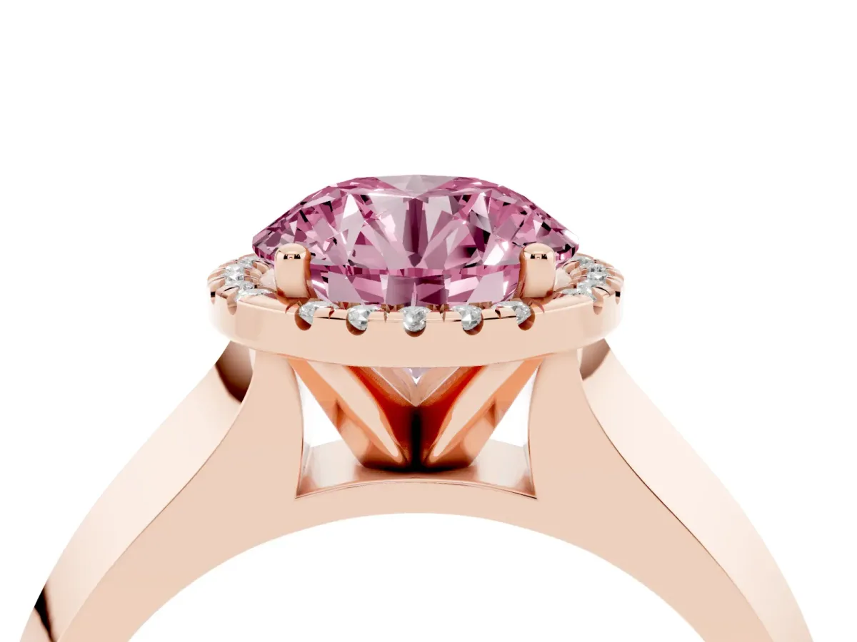 Fancy Pink Round Cut Halo Diamond Ring with Cathedral Band and Four-Prong Setting Rose gold