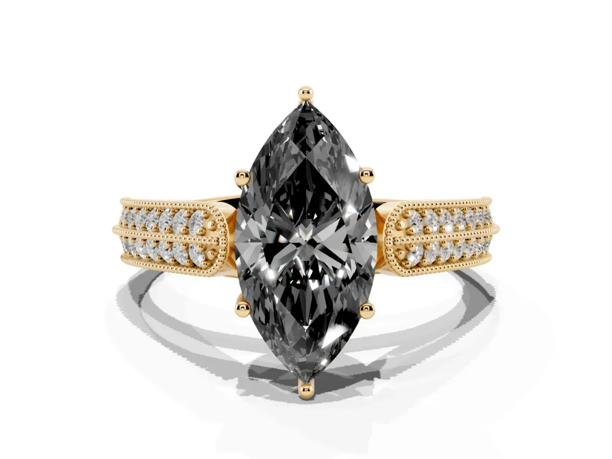 Fancy Black Marquise Cut Cut Pave Split Shank Engagement Ring with Four-Prong Setting Yellow gold