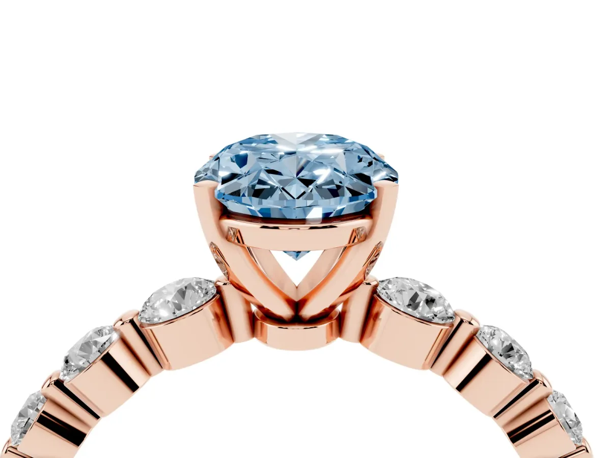 Fancy Blue Oval Cut Solitaire Diamond Ring with Pave Band and Four-Prong Setting Rose gold