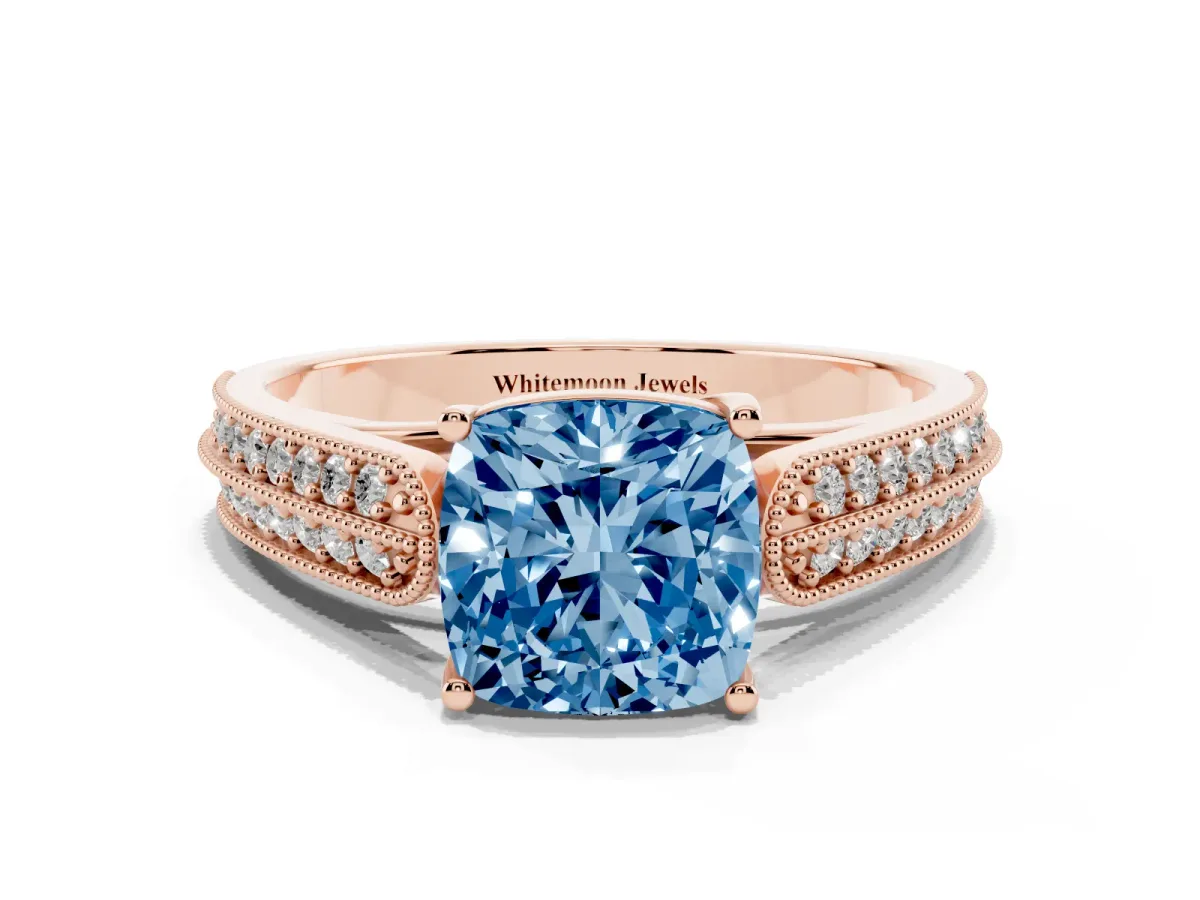 Fancy Blue Cushion Cut Cut Pave Split Shank Engagement Ring with Four-Prong Setting Rose gold
