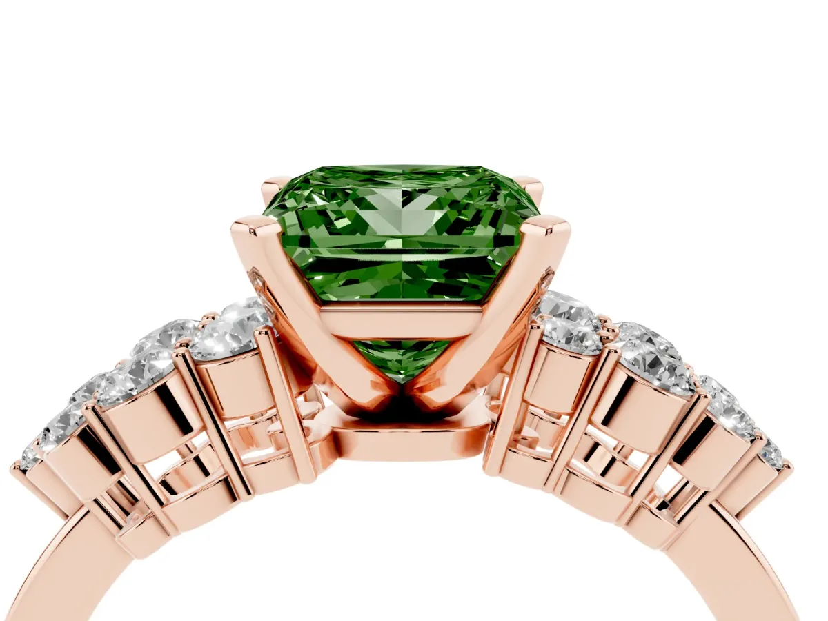 Fancy Green Princess Cut Cluster Diamond Engagement Ring with Pavé Band and Four-Prong Setting Rose gold