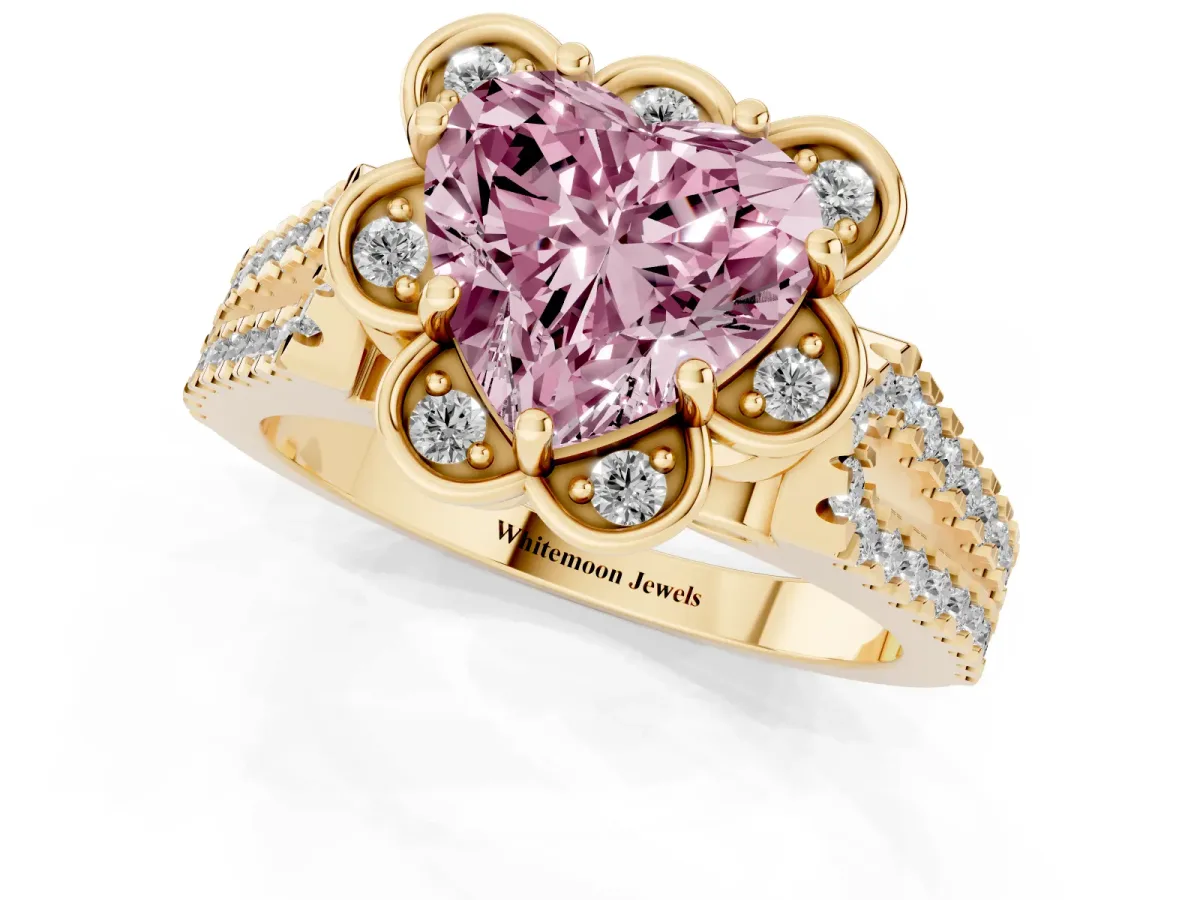 Fancy Pink Heart Cut Halo Diamond Floral Split Shank Engagement Ring Yellow gold