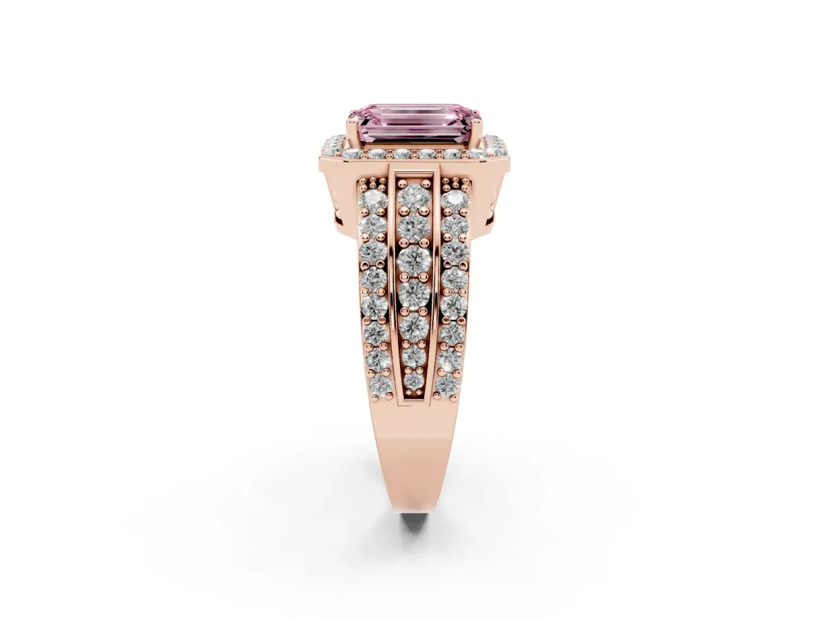 Fancy Pink Emerald Cut Halo Diamond Ring with Round Split Shank and Prong Setting Rose gold