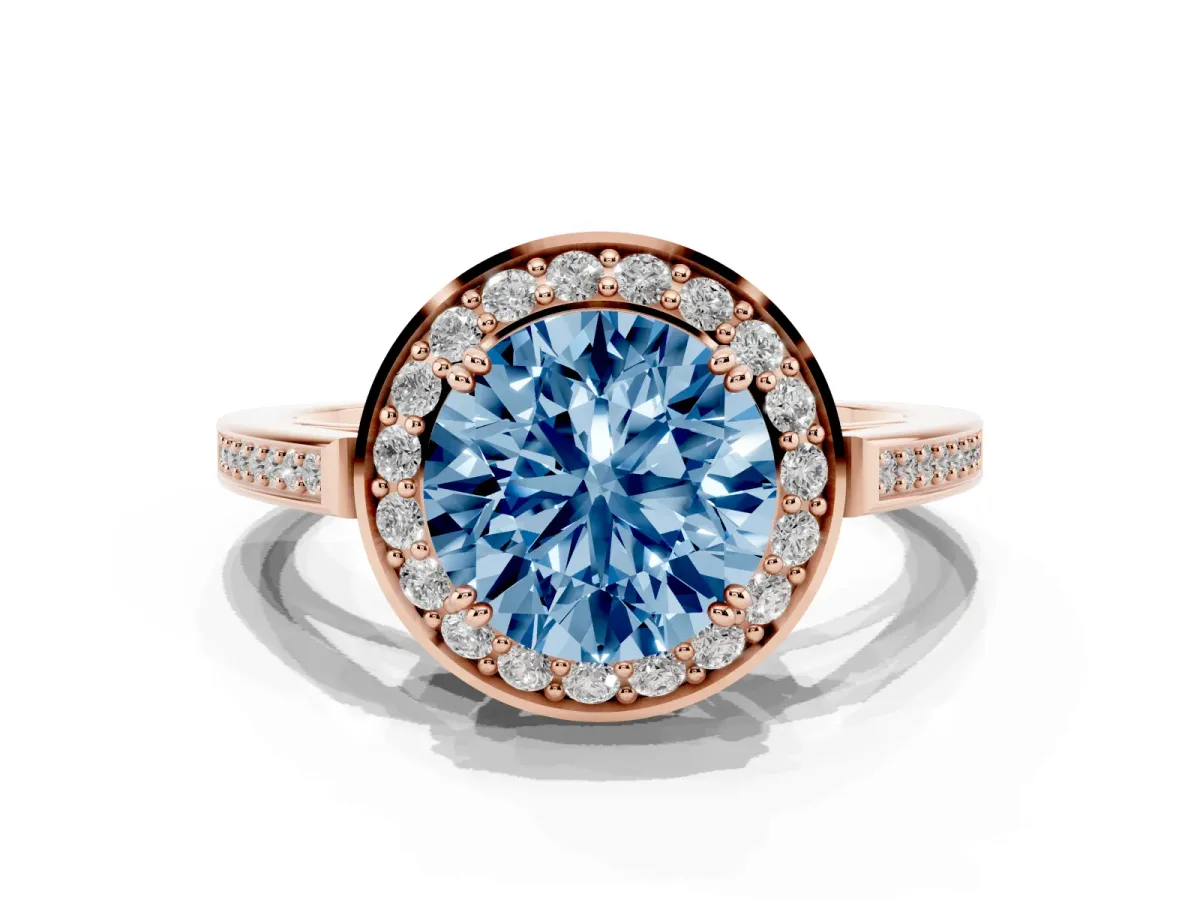 Fancy Blue Round Cut Diamond Halo Ring with Split Shank and Four-Prong Setting Rose gold