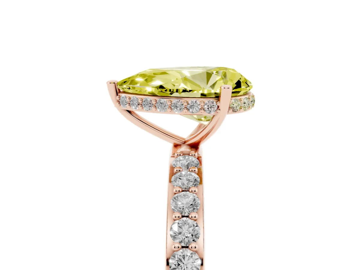 Fancy Yellow Pear Cut Diamond Solitaire Ring with Pavé Band and Hidden Halo Rose gold