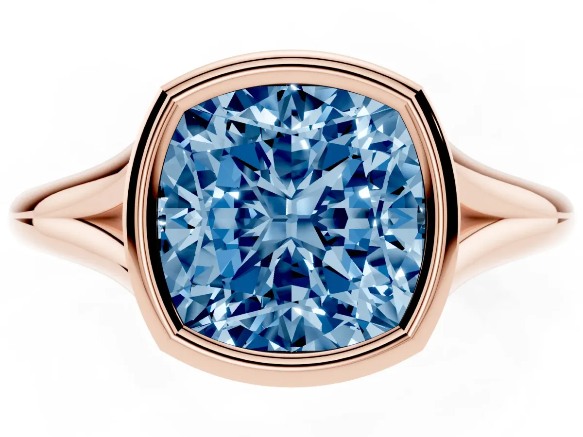 Fancy Blue Bezel Set Cushion Cut Cut Solitaire Ring with Tapered Band Rose gold