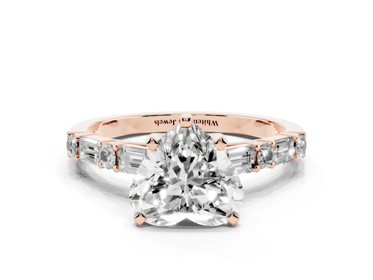 Heart Cut Diamond Solitaire with Side Baguettes and Channel Set Band Rose gold