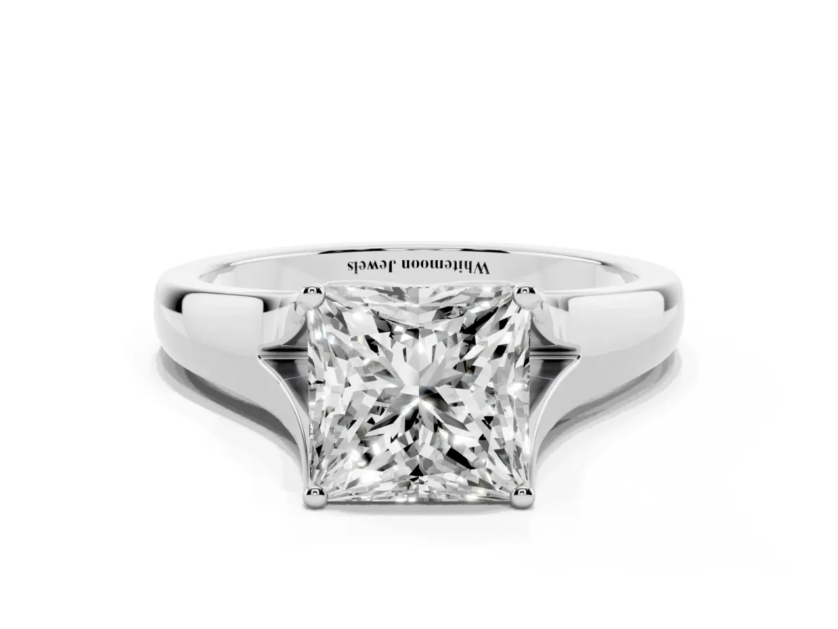 Princess Cut Solitaire Diamond Ring with Cathedral Band and Four-Prong Setting Silver
