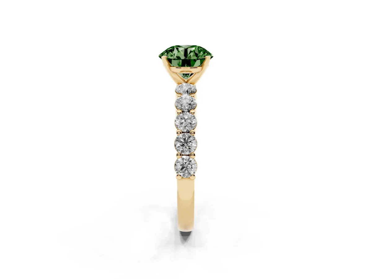 Fancy Green Round Cut Diamond Solitaire Ring with Shared Prong Round Side Stones Yellow gold